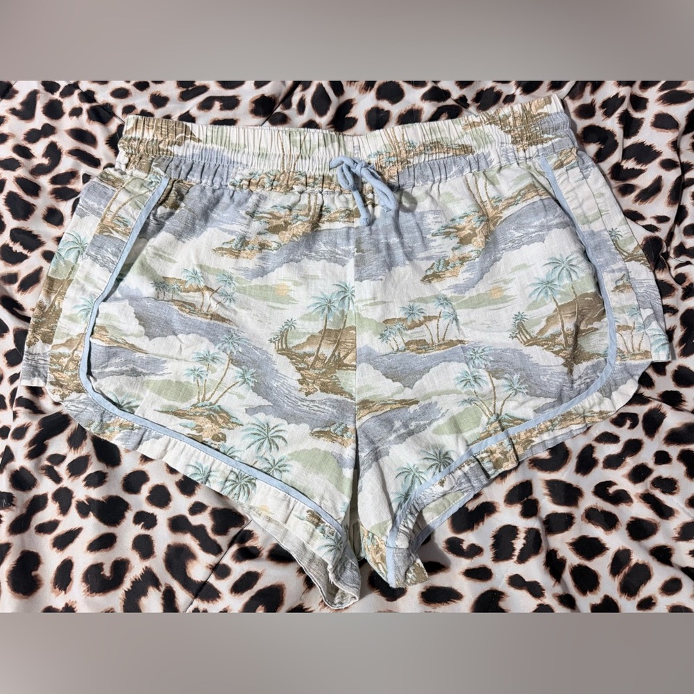 Rip Curl Tropical Print Elastic Waist Shorts in Light Blue, Green, Tan